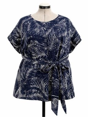 Michael Kors 2XL Navy Palm Print Tie Waist Blouse | Plus Size Flowy Top